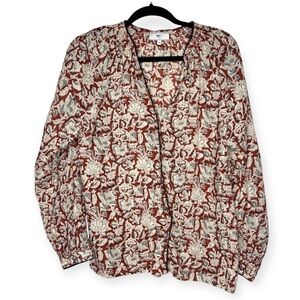 MKT studio Floral Long Sleeve Blouse autumn hues 100% cotton womens sz 40 large